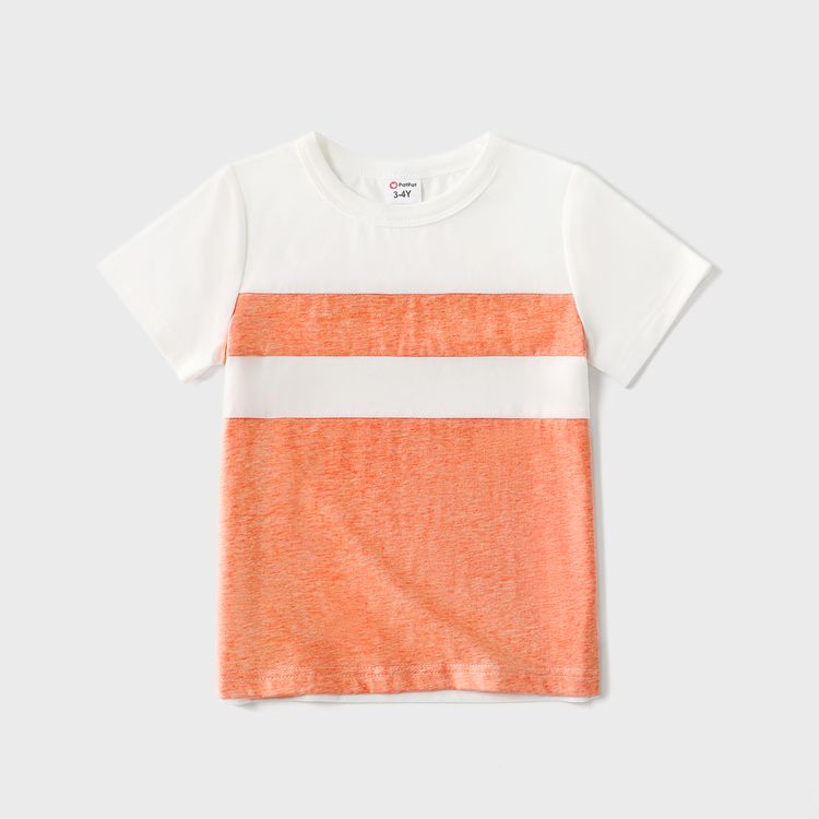 Family Matching Allover Floral Print Coral V Neck Ruffle-sleeve Wrap Dresses and Colorblock Short-sleeve Cotton T-shirts Sets Coral