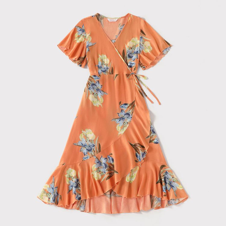 Family Matching Allover Floral Print Coral V Neck Ruffle-sleeve Wrap Dresses and Colorblock Short-sleeve Cotton T-shirts Sets Coral