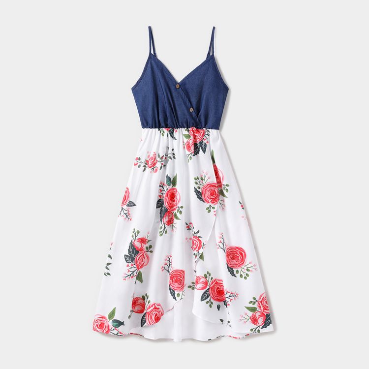 Solid Cross Wrap V Neck Splicing Floral Print Spaghetti Strap Dress for Mom and Me BLUEWHITE