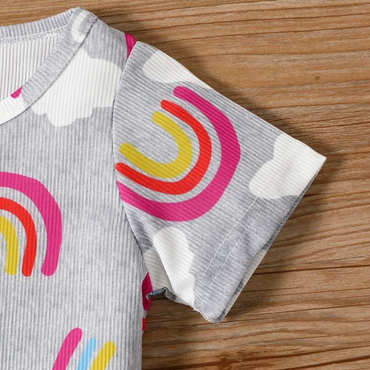 2pcs Baby Boy/Girl Allover Rainbow and Cloud Print Ribbed Short-sleeve Top with Shorts Set Light Grey