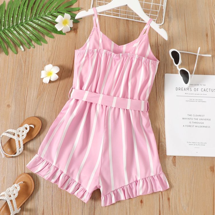 Kid Girl Stripe Ruffled Cuff Belted Cami Rompers Jumpsuits Shorts Pink