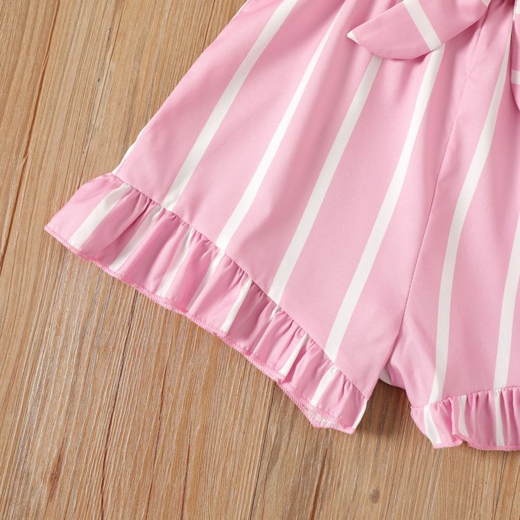 Kid Girl Stripe Ruffled Cuff Belted Cami Rompers Jumpsuits Shorts Pink