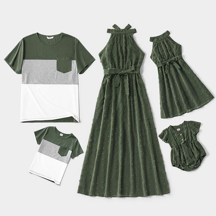 Family Matching Dark Green Swiss Dot Halter Neck Sleeveless Maxi Dresses and Colorblock Short-sleeve T-shirts Sets Dark Green