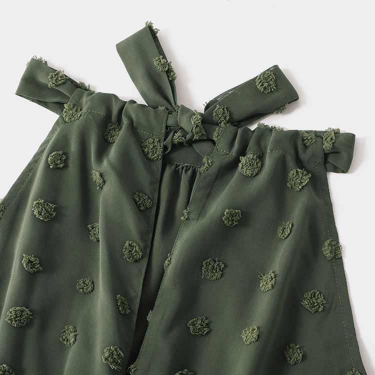 Family Matching Dark Green Swiss Dot Halter Neck Sleeveless Maxi Dresses and Colorblock Short-sleeve T-shirts Sets Dark Green