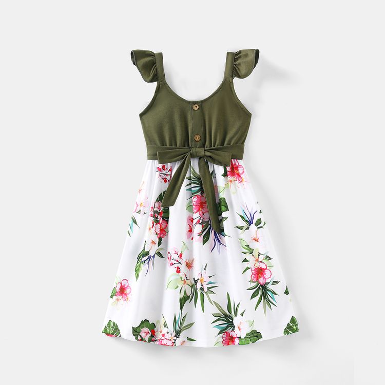Solid Spaghetti Strap Twist Knot V Neck Splicing Floral Print Dress for Mom and Me Green/White