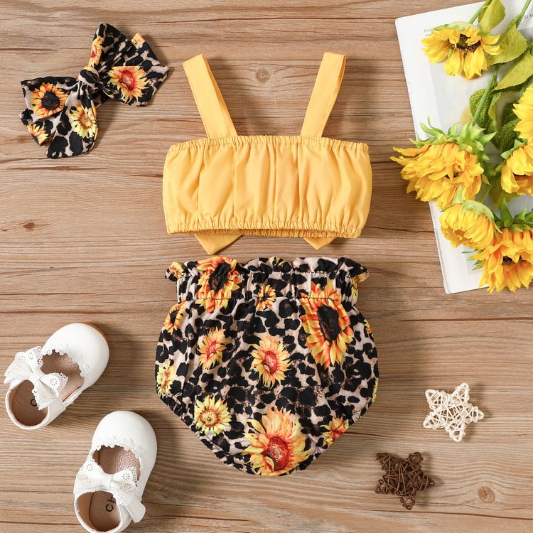 3pcs Baby Girl 100% Cotton Bowknot Sleeveless Crop Top and Sunflower Leopard Print Shorts with Headband Set Yellow