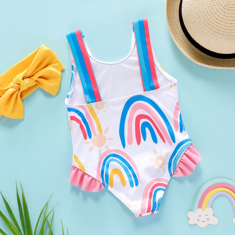 2pcs Baby Girl All Over Rainbow Print Sleeveless One-Piece Swimsuit with Headband Set Colorful