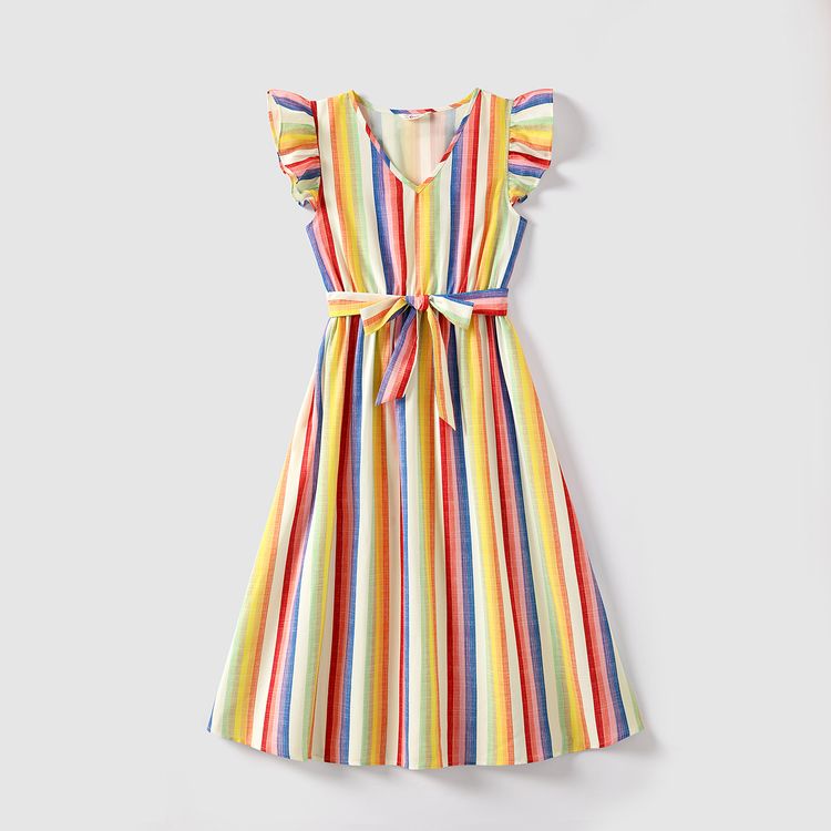 Family Matching Colorful Striped V Neck Flutter-sleeve Dresses and Short-sleeve T-shirts Sets COLOREDSTRIPES