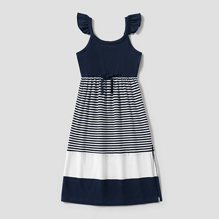 Family Matching Dark Blue Striped Spaghetti Strap Maxi Dresses and Short-sleeve T-shirts Sets COLOREDSTRIPES