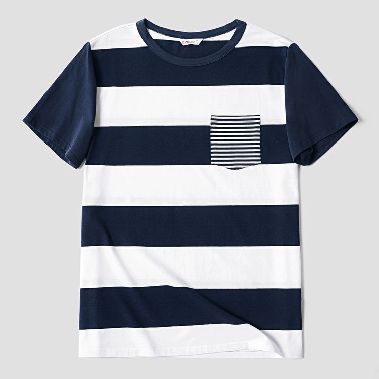 Family Matching Dark Blue Striped Spaghetti Strap Maxi Dresses and Short-sleeve T-shirts Sets COLOREDSTRIPES