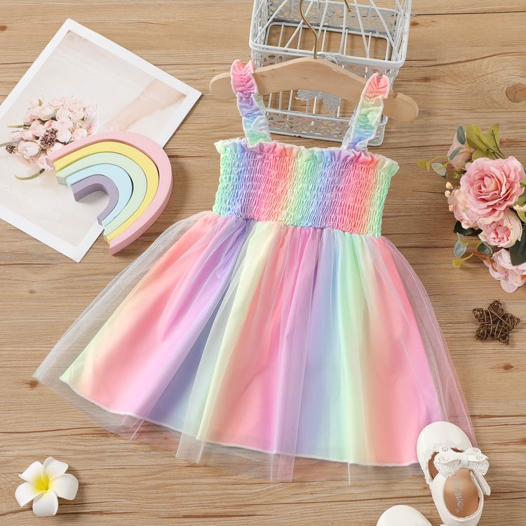 Baby Girl Rainbow Colored Sleeveless Spaghetti Strap Shirred Mesh Dress Light Purple