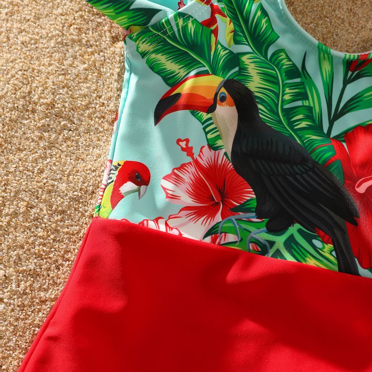 Family Matching All Over Tropical Plants Parrot Print Swim Trunks Shorts and Ruffle Splicing One-Piece Swimsuit Red