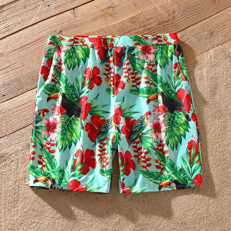 Family Matching All Over Tropical Plants Parrot Print Swim Trunks Shorts and Ruffle Splicing One-Piece Swimsuit Red
