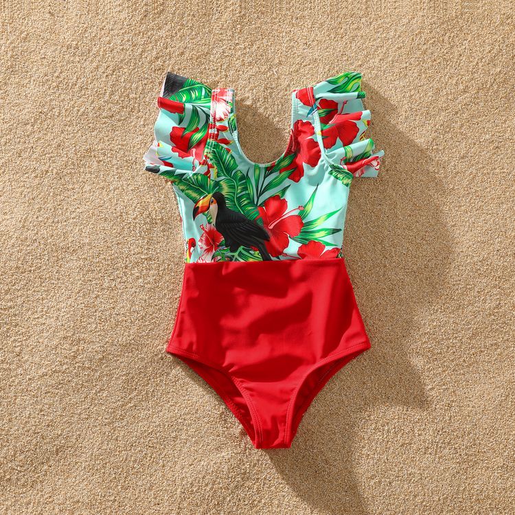 Family Matching All Over Tropical Plants Parrot Print Swim Trunks Shorts and Ruffle Splicing One-Piece Swimsuit Red