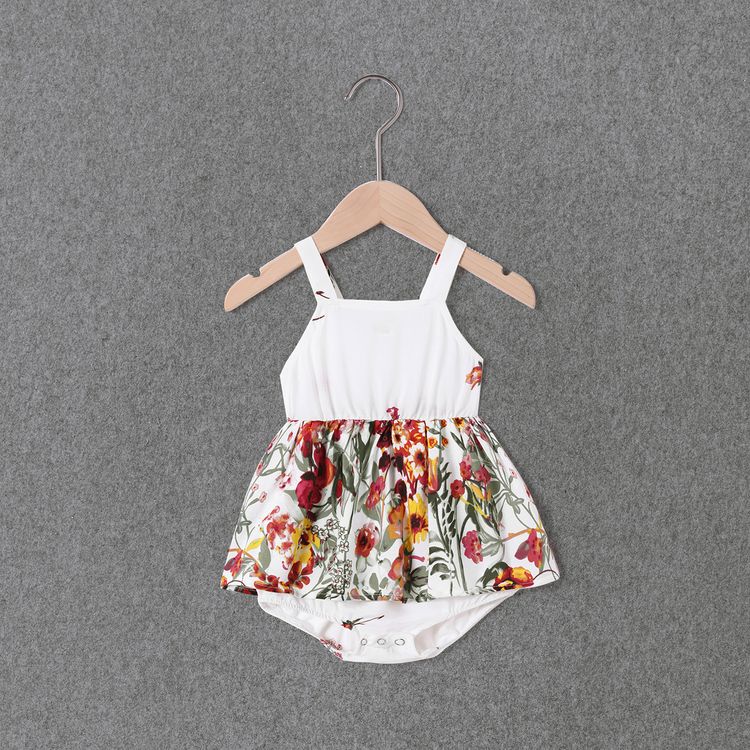 Allover Floral Print Deep V Neck Spaghetti Strap Dress for Mom and Me White