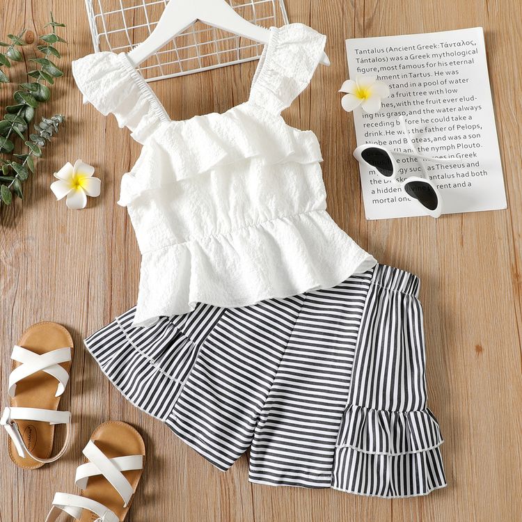 2pcs Kid Girl Ruffled Textured White Camisole and Stripe Layered Shorts Set Multi-color