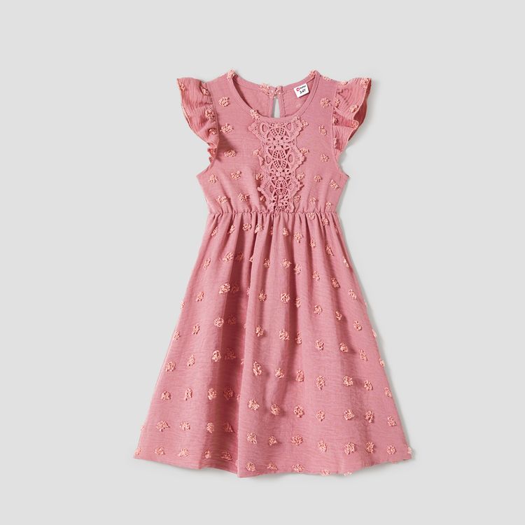 Family Matching Pink Lace Splicing Swiss Dot Ruffle-sleeve Dresses and Colorblock Short-sleeve T-shirts Sets Pink