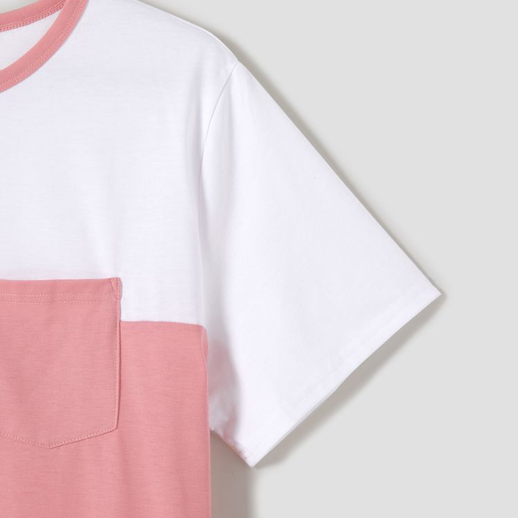 Family Matching Pink Lace Splicing Swiss Dot Ruffle-sleeve Dresses and Colorblock Short-sleeve T-shirts Sets Pink