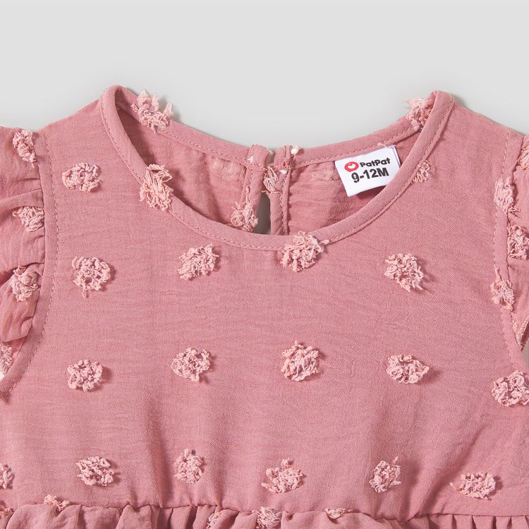 Family Matching Pink Lace Splicing Swiss Dot Ruffle-sleeve Dresses and Colorblock Short-sleeve T-shirts Sets Pink