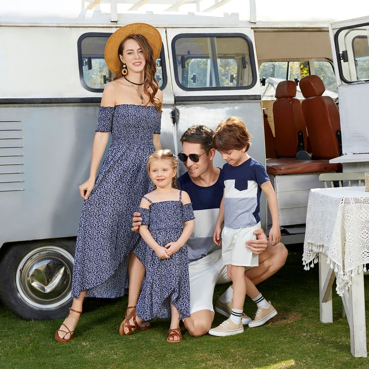 Family Matching Floral Print Off Shoulder Strapless Shirred Dresses and Colorblock Short-sleeve T-shirts Sets Deep Blue