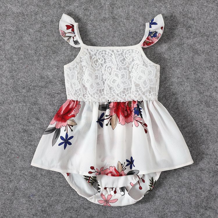 White Spaghetti Strap Lace Splicing Floral Print Tiered Dress for Mom and Me White