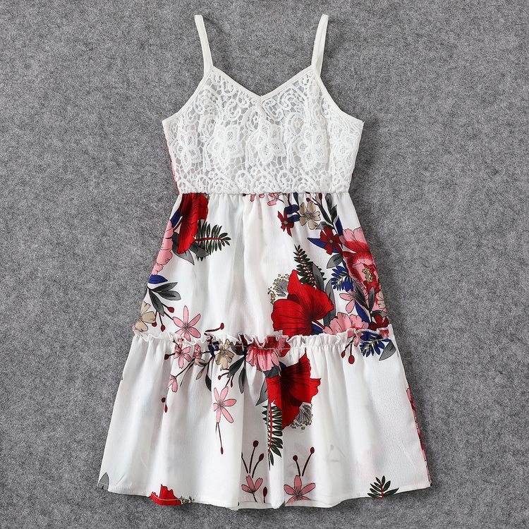 White Spaghetti Strap Lace Splicing Floral Print Tiered Dress for Mom and Me White