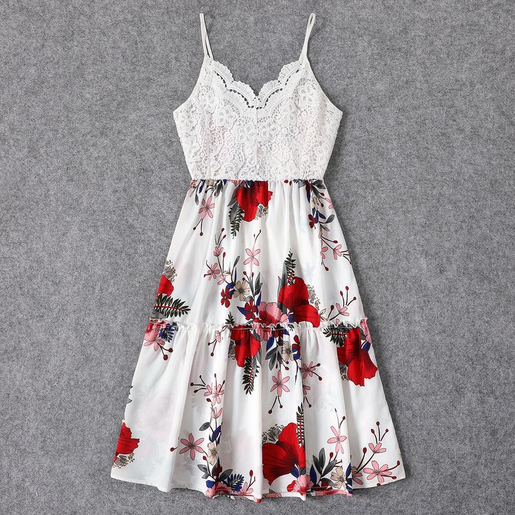 White Spaghetti Strap Lace Splicing Floral Print Tiered Dress for Mom and Me White