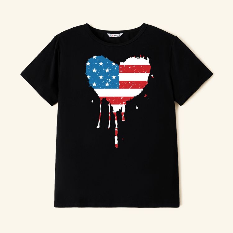 Family Matching Cotton Short-sleeve Stars Striped Love Heart Print Black T-shirts Black