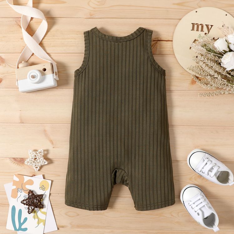 Baby Boy/Girl Button Front Solid Ribbed Sleeveless Romper with Pocket Green