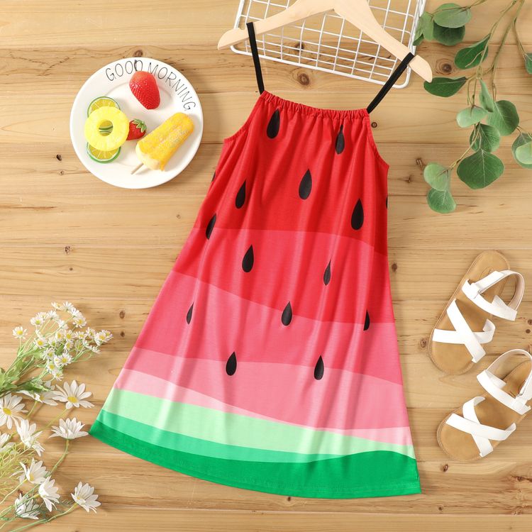 Kid Girl Watermelon Print Colorblock Cami Dress Watermelonred