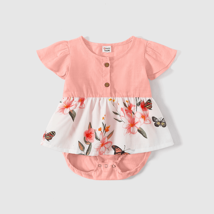 Pink V Neck Ruffle Short-sleeve Splicing Butterfly and Floral Print Dress for Mom and Me Pink