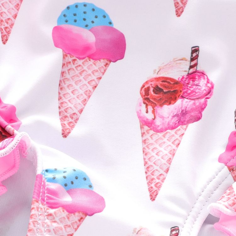 Baby Girl Allover Ice Cream Cone Print Pink Bowknot Ruffle Sleeveless One-Piece Swimsuit Colorful