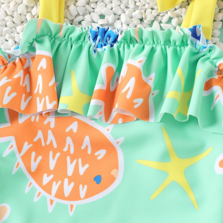 Baby Girl Bowknot Spaghetti Strap Sea Animals Print Ruffle One-Piece Swimsuit Colorful
