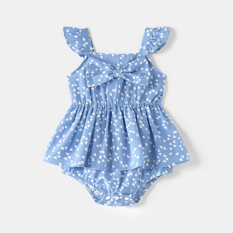 All Over Dots Print Blue Sleeveless Spaghetti Strap V Neck Ruffle Wrap Dress for Mom and Me lightbluewhite