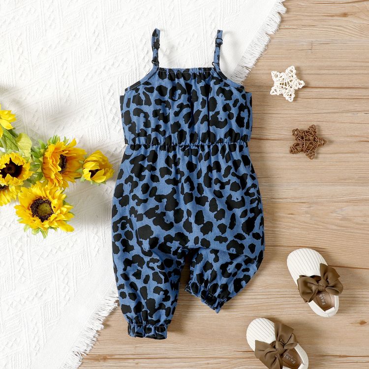 Baby Girl Blue Leopard Print Spaghetti Strap Bowknot Jumpsuit DENIMBLUE