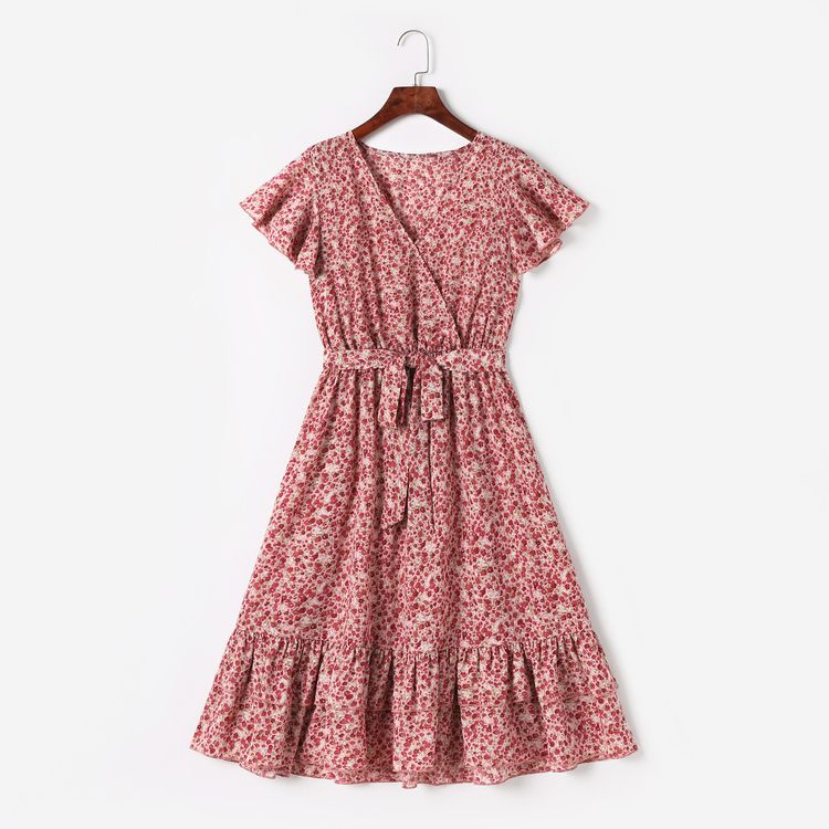 All Over Floral Print Cross V Neck Ruffle-sleeve Belted Layered Dress for Mom and Me PinkyWhite