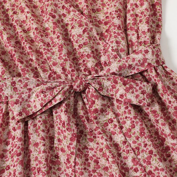 All Over Floral Print Cross V Neck Ruffle-sleeve Belted Layered Dress for Mom and Me PinkyWhite