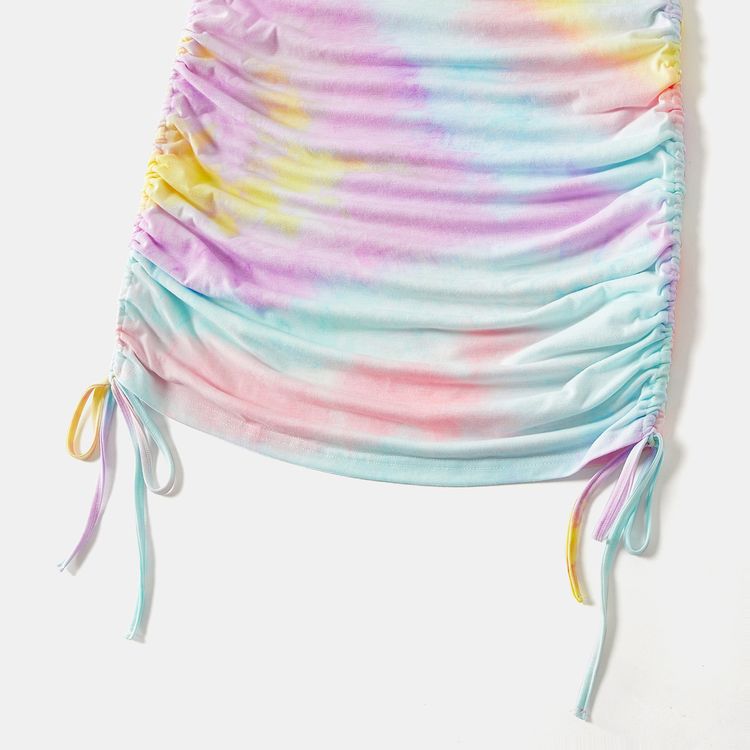 Letter Print Tie Dye Short-sleeve Drawstring Ruched Bodycon Dress for Mom and Me Colorful