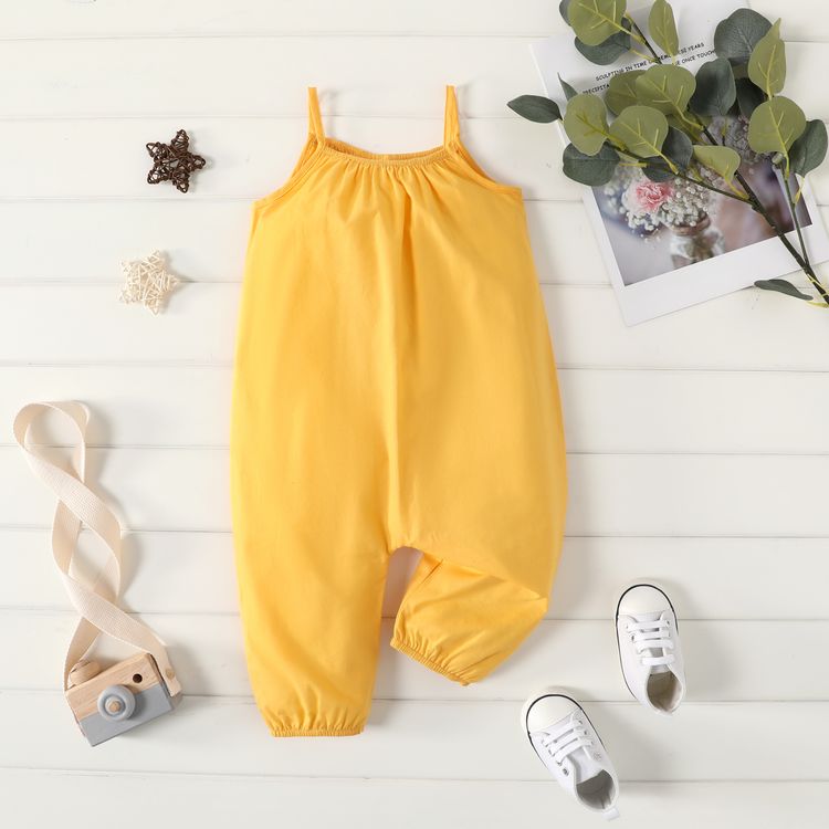 100% Cotton Baby Girl Loose-fit Solid Sleeveless Spaghetti Strap Harem Pants Overalls Yellow