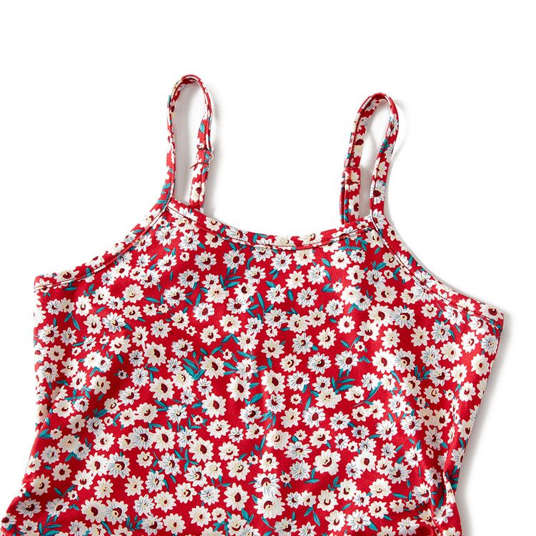 All Over Red Floral Print Spaghetti Strap Drawstring Ruched Bodycon Dress for Mom and Me REDWHITE