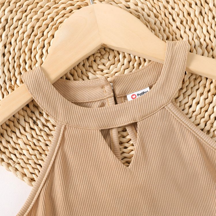Kid Girl Solid Color Cut Out Ribbed Halter Dress Khaki