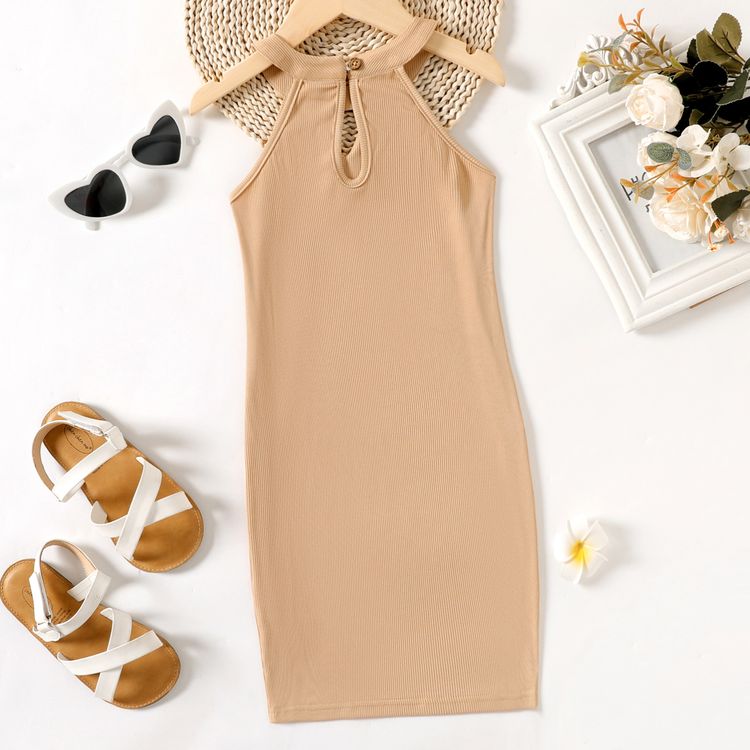 Kid Girl Solid Color Cut Out Ribbed Halter Dress Khaki