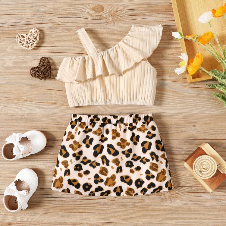 2pcs Baby Girl Solid Ribbed One Shoulder Ruffle Sleeveless Tank Top and Leopard Skirt Set Apricot
