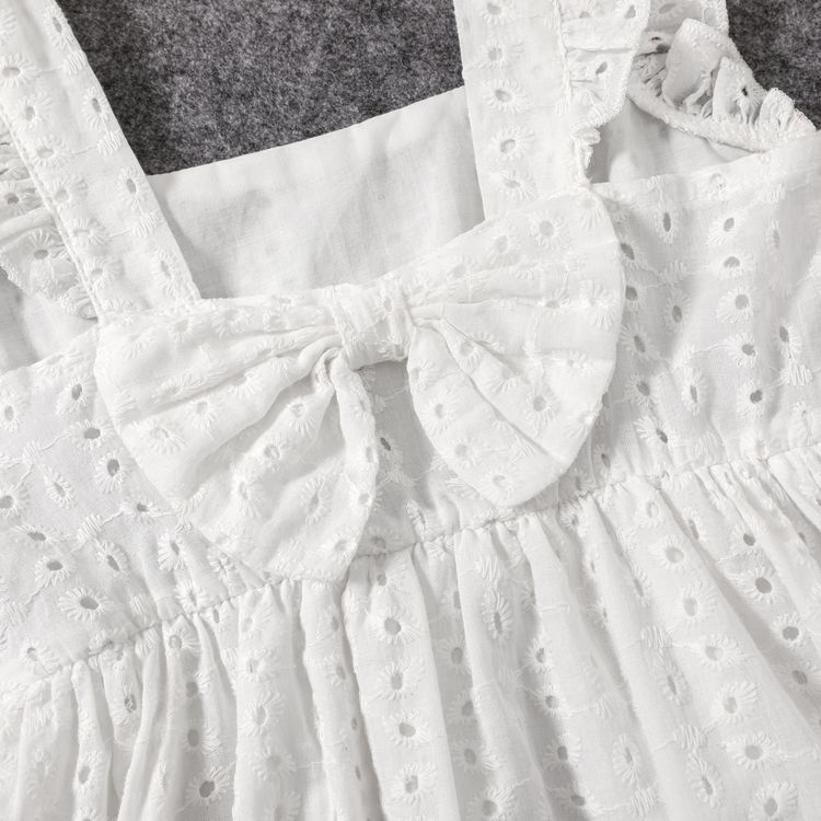 100% Cotton White Hollow-Out Floral Embroidered Ruffle Sleeveless Dress for Mom and Me White