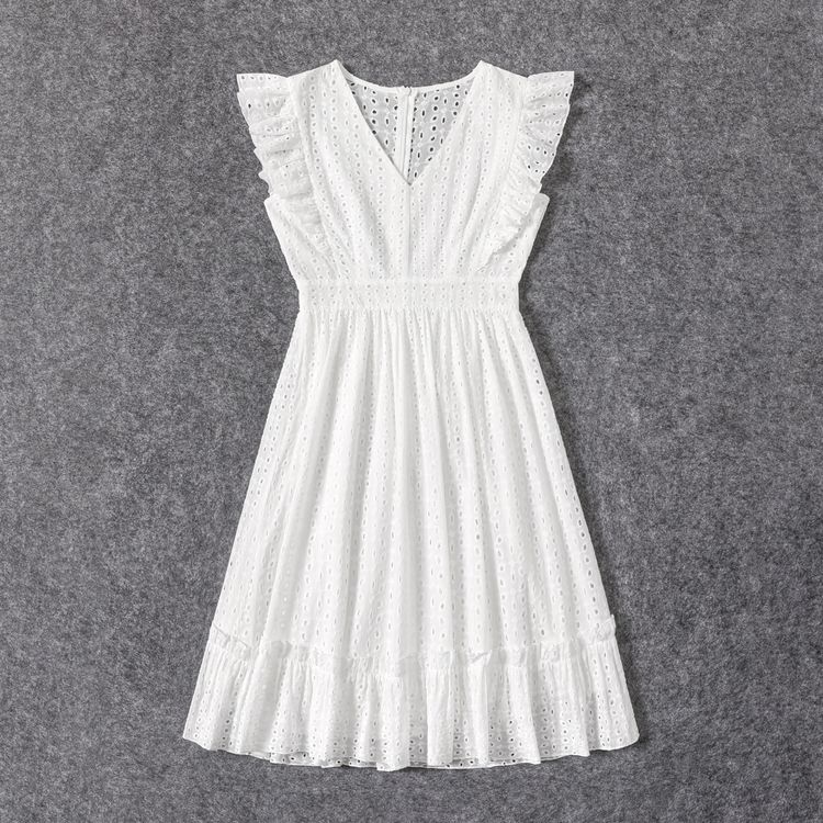 100% Cotton White Hollow-Out Floral Embroidered Ruffle Sleeveless Dress for Mom and Me White