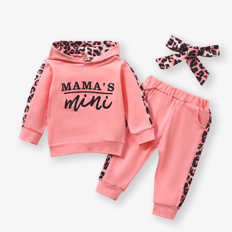 100% Cotton 3pcs Leopard and Letter Print Hooded Long-sleeve Baby Set Pink
