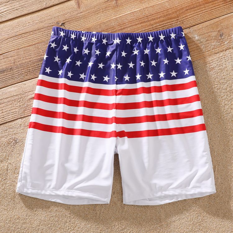 Family Matching Stars and Stripes Print Swim Trunks Shorts and Ruffle One-Piece Swimsuit Blue