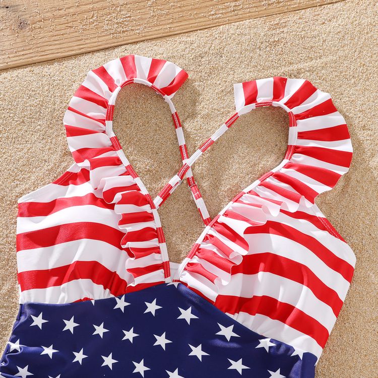 Family Matching Stars and Stripes Print Swim Trunks Shorts and Ruffle One-Piece Swimsuit Blue