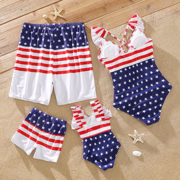 Family Matching Stars and Stripes Print Swim Trunks Shorts and Ruffle One-Piece Swimsuit Blue