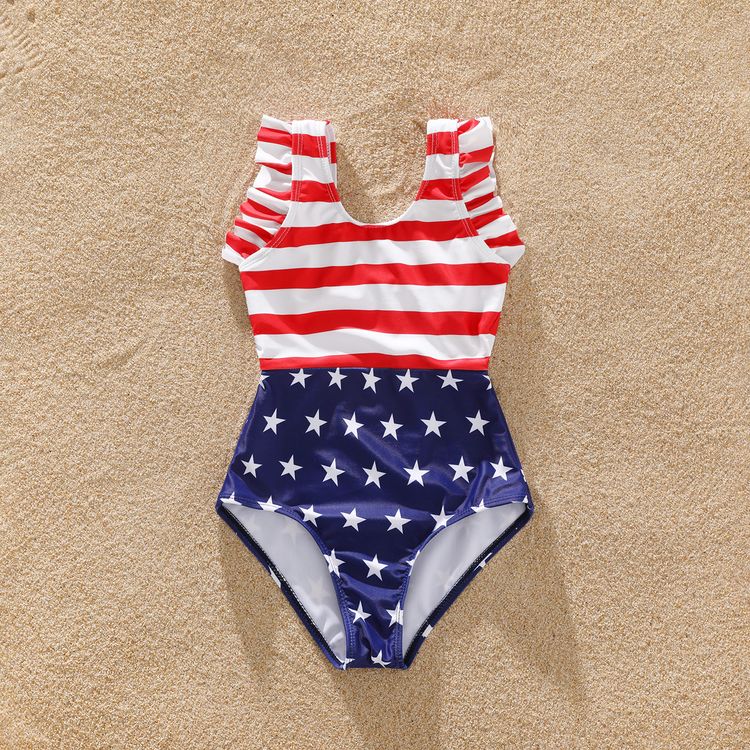 Family Matching Stars and Stripes Print Swim Trunks Shorts and Ruffle One-Piece Swimsuit Blue